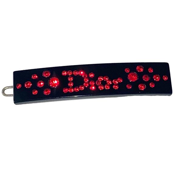 VTG Christian Dior Black Lucite Red Crystal Rhinestone Logo Hair Clip Barrette - Picture 2 of 12